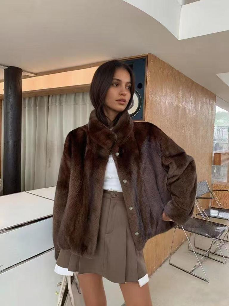 Gold mink imitation fur jacket loose stand-up collar women's wool sweater short warm spring autumn and winter three-season coat