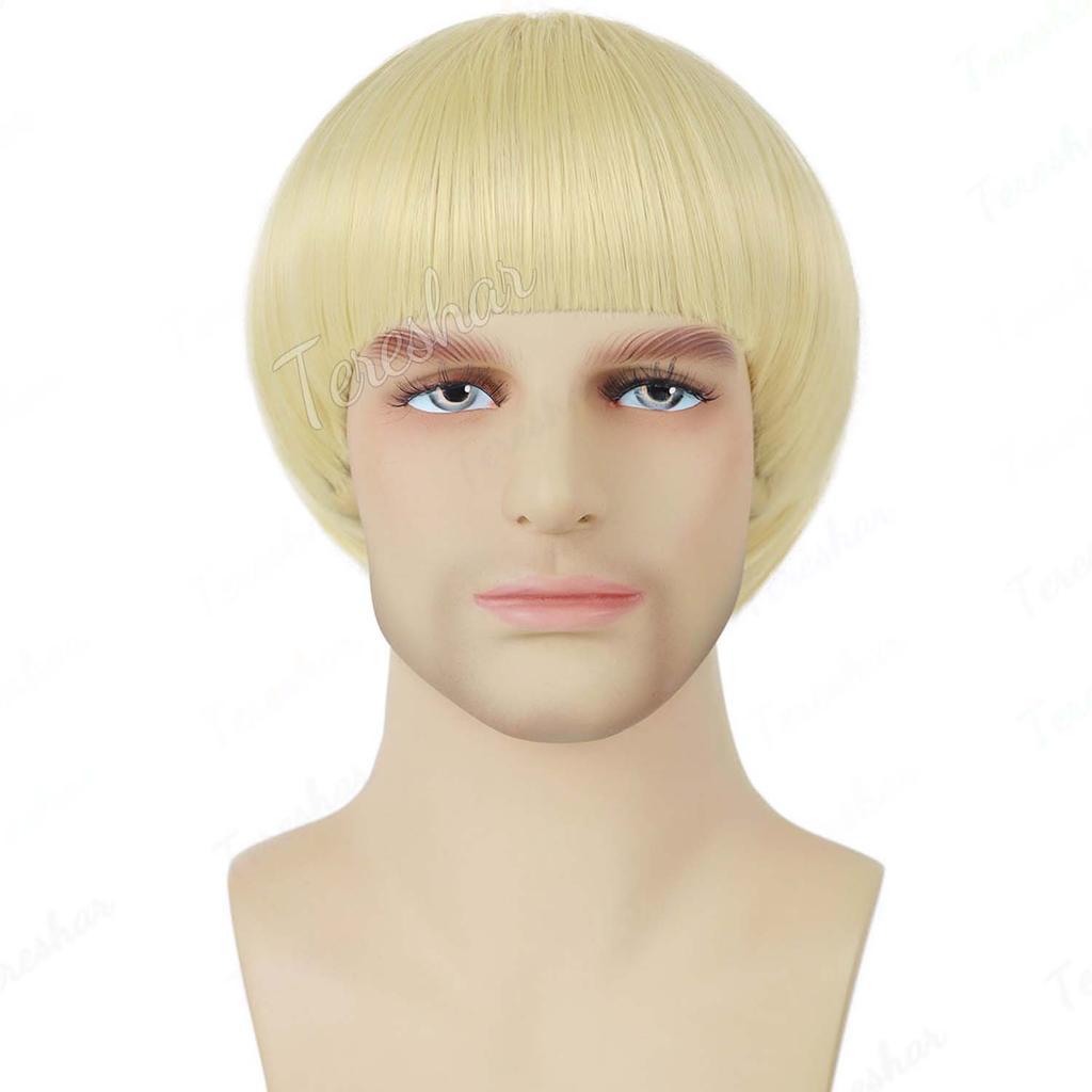 Synthetische Korte Bruine Paddenstoel Cosplay Pruik voor Mannen, Komvormig Kapsel, Anime Retro Pruik, Geschikt voor Films, Feest, Meerkleurige Pruik