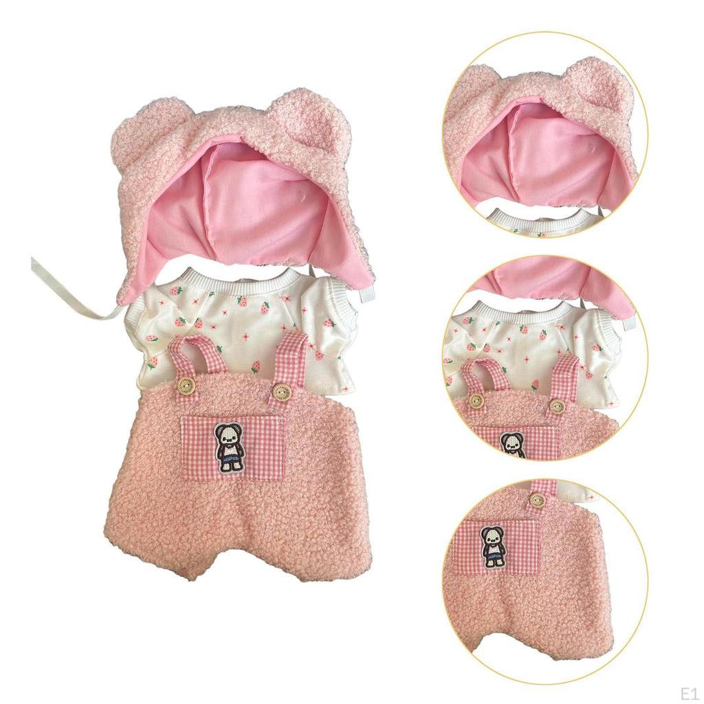 38cm Plüschpuppenkleidung Hemd Latzhose mit Hut, Plüschzubehör, Mode, Weiches Foto