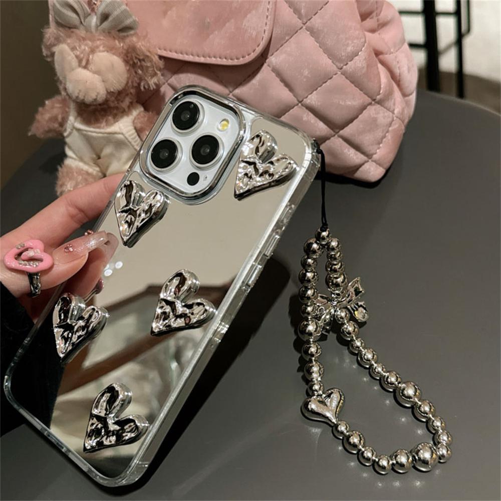 Luxury 3D Love Heart Silver Mirror Bracelet Case for iPhone 16 15 13 14 12 11 Pro Max 7 8 16 Plus X XS XR XS Max INS Back Cover