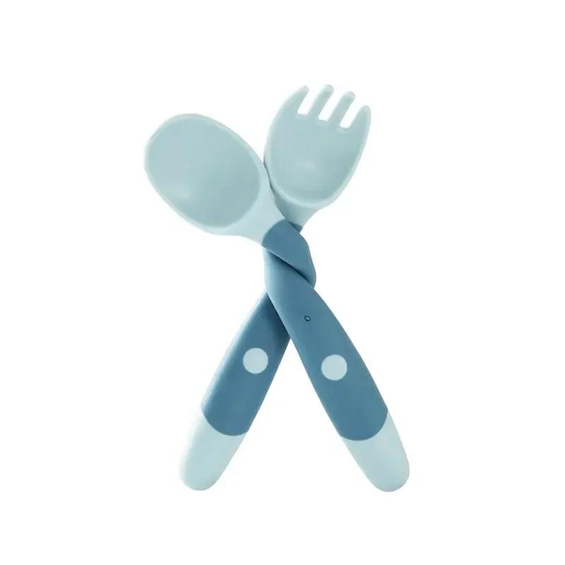Baby Children Spoon Fork Set Soft Bendable Silicone Scoop Fork Kit Tableware Toddler Training Feeding Cutlery Utensils Tableware