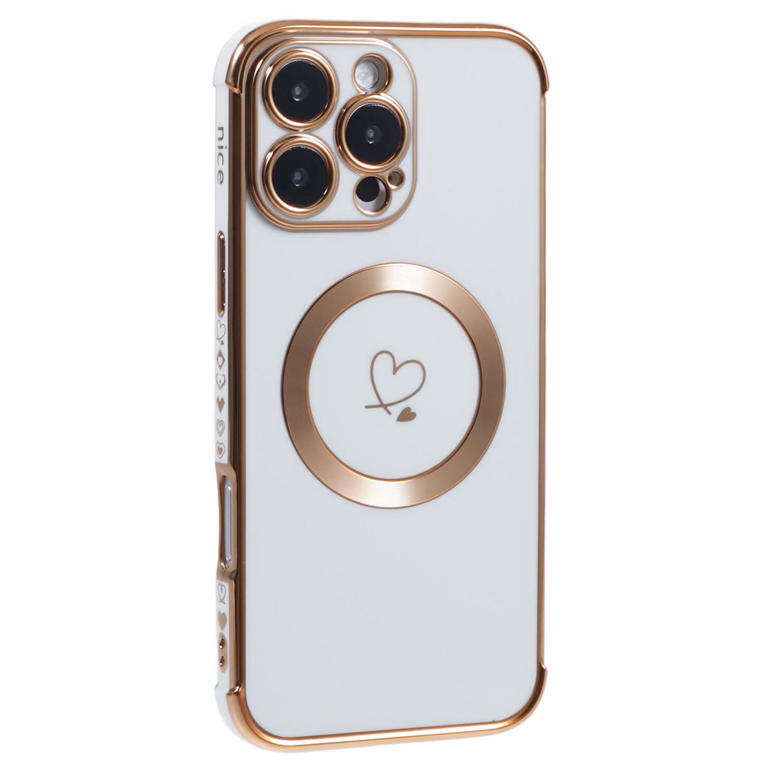 

For iPhone 16 Pro Max Case Compatible with MagSafe Electroplated Love Hearts TPU Phone Cover with Chain Strap Ivory White