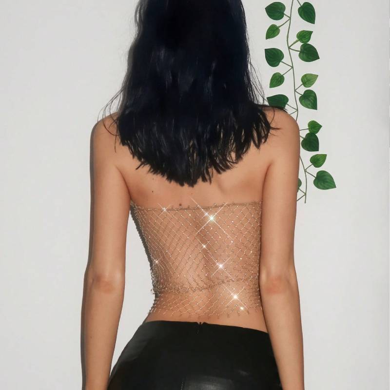 Sexy Mujer Geometric Sequin Mesh Crop Top For Nightclub And Music Festival