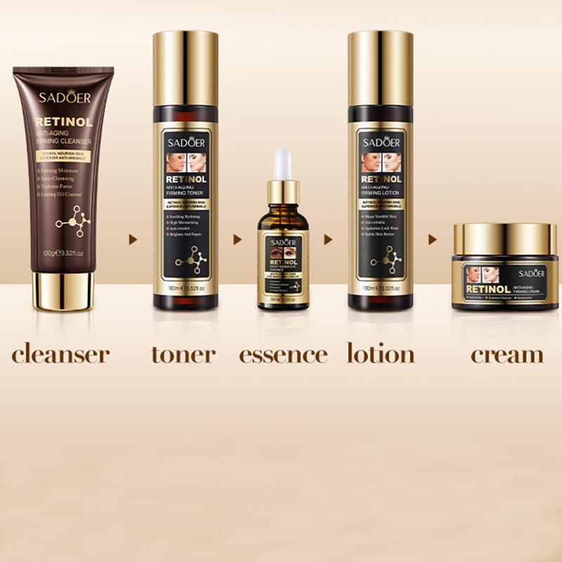 5 Stück Retinol Hautpflege-Set Gesichtswasser Essenz Creme Gesichtscreme Feuchtigkeit Anti-Aging Serum Reinigungsmittel Frauen Hautpflegeprodukte