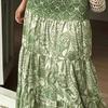 Maxi Skirt Pleated High Waist Printing A-Line Long Skirt Ruffle Splicing Design Leisure Vacation Women Skirt Daily Wear