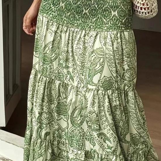 Maxi Skirt Pleated High Waist Printing A-Line Long Skirt Ruffle Splicing Design Leisure Vacation Women Skirt Daily Wear
