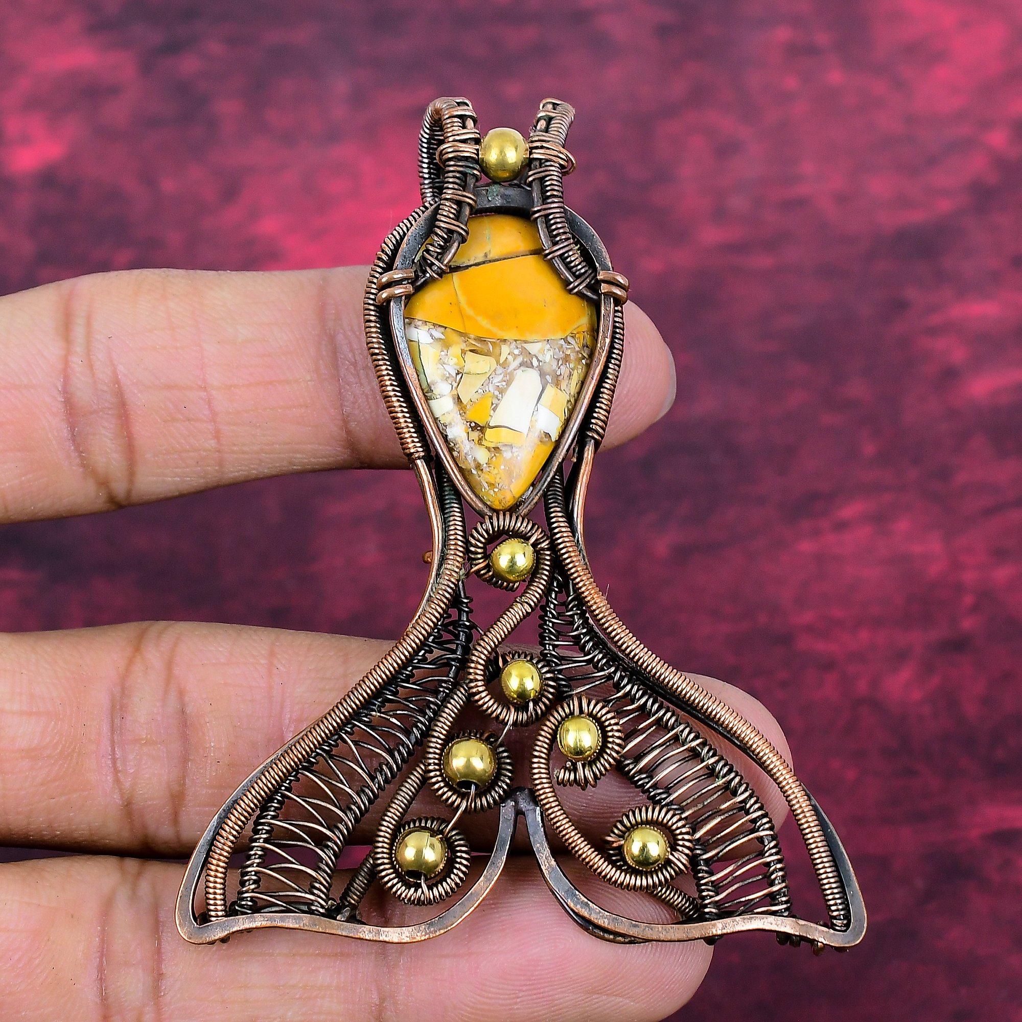 Brecciated Mookaite Gemstone Pendant Fish Jewelry Copper Wire Wrapped Pendant