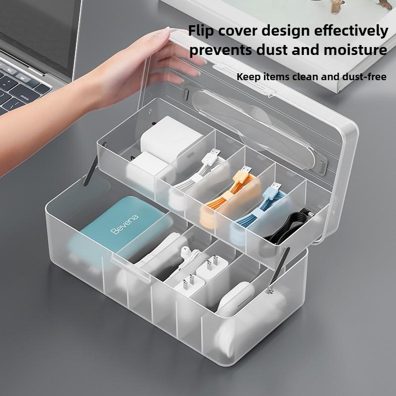 Lidded Cable Organizer Box-Compartmentalized Desktop Cord Manager for Charging Cables & Headphones, Dustproof Drawer Storage Box
