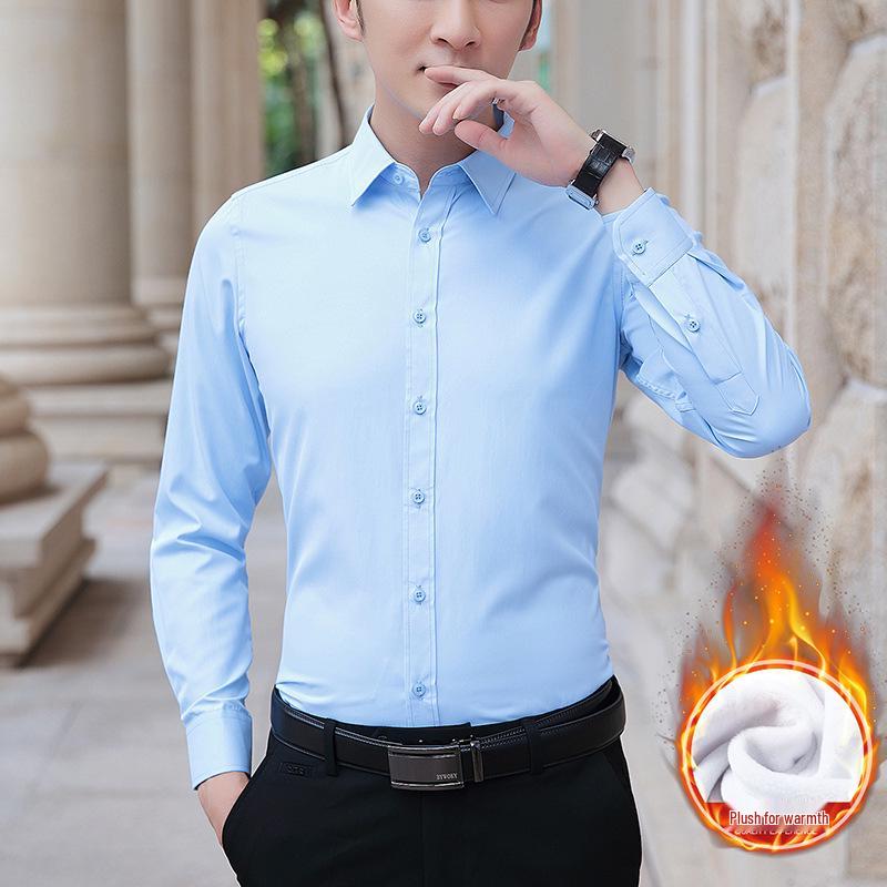 Herren Slim Fit Langarm Businesshemd - Dick, Samt, Reinweiß, Jugendliche Festkleidung