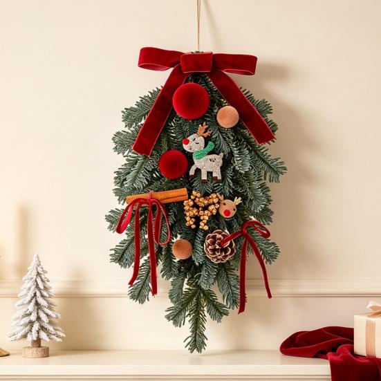 Handmade Wreath for Balcony Christmas Artificial Garland with Pinecones Cinnamon And Red Bows, Decorative Hanging Front Door Pendants Winter