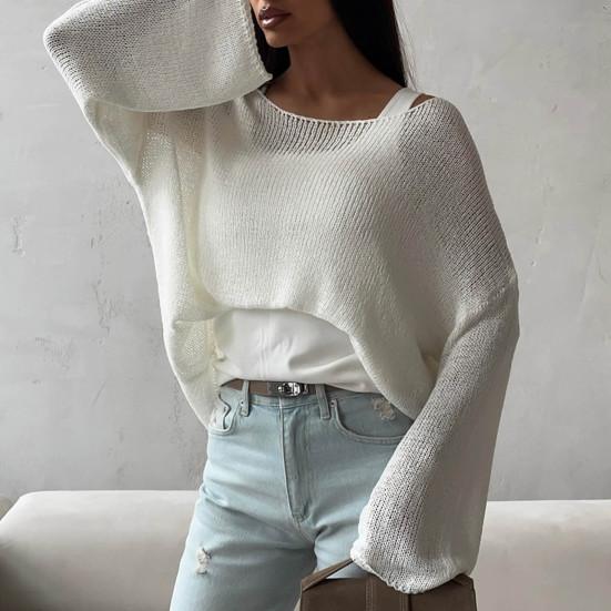 Dame Strikketopper Rund Hals Langermet Genser Topper Løs Passform Ensfarget Høst Pullover Topper Strikk