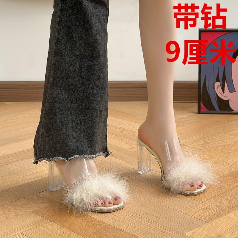High-heeled Slippers Women's Summer Outer Wear 2025 Spring New Shoes Sandals Thick Heel Thick Sole Transparent High Heels Women's Plush Sandals