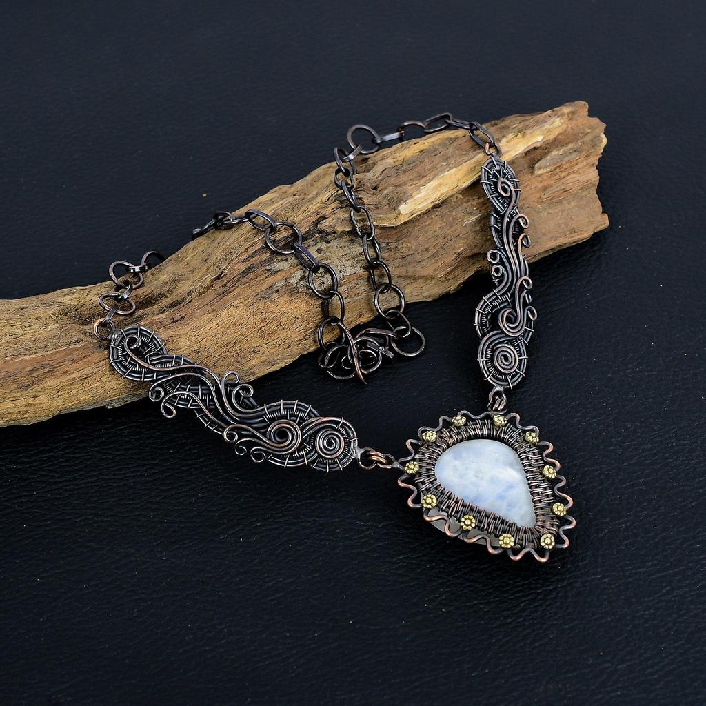 Rainbow Moonstone Necklace Gemstone Jewelry, 999 Copper Wire Wrapped Necklace, Adjustable Handmade Beautiful Jewelry Chain Necklace