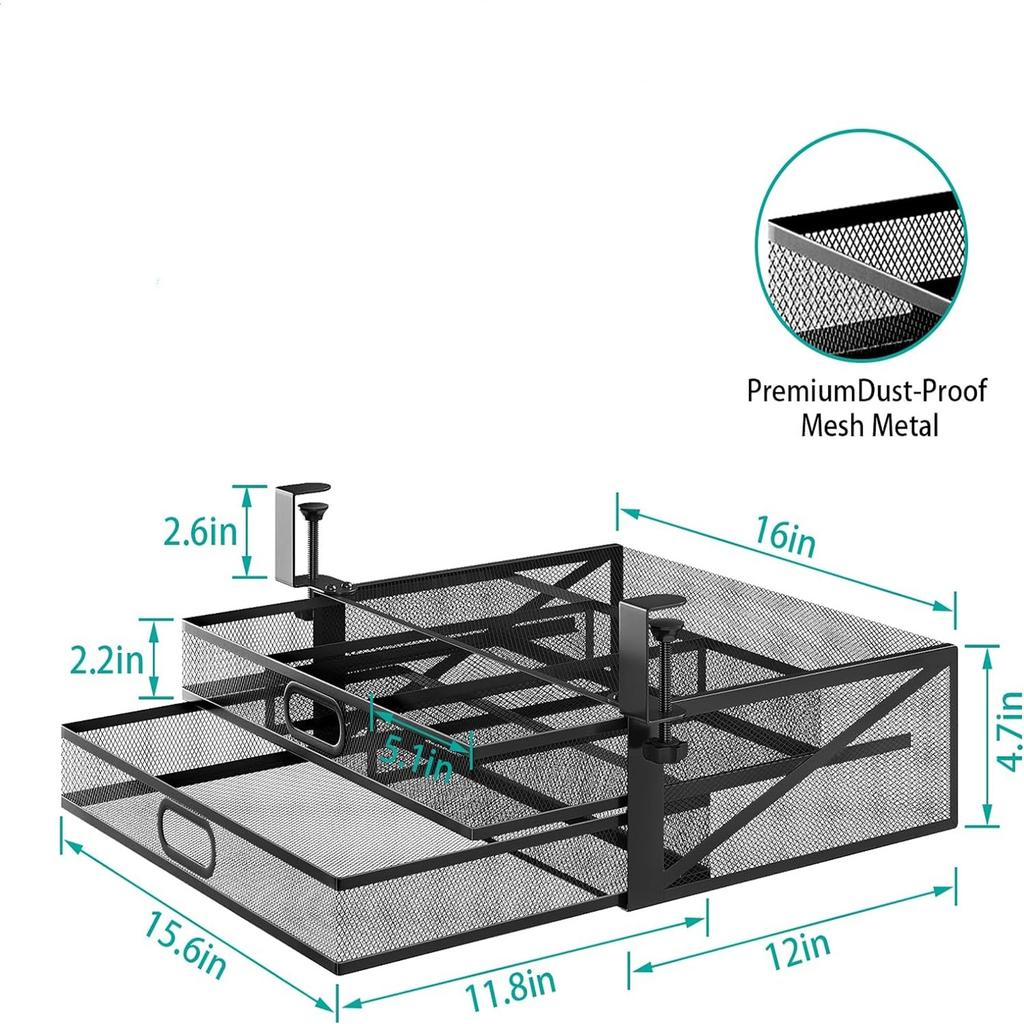 Under Desk Drawer Organizer, No Drilling Mesh Metal Hidden Under Desk Storage Drawer, Desk Organizer With 2 Tier Slide Out Drawer For Home And Office