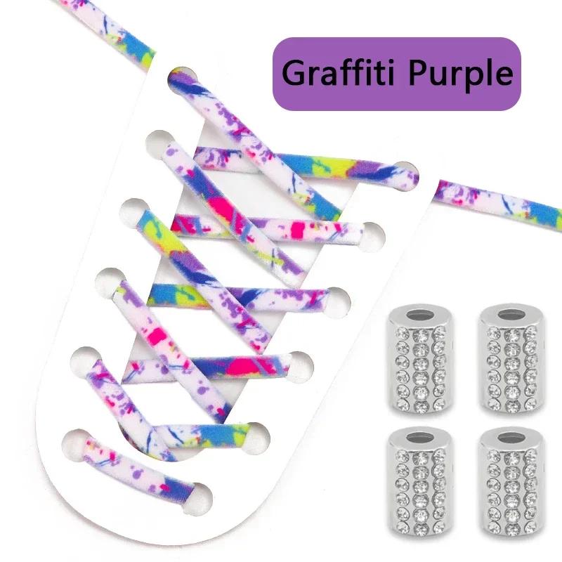 Elastic Round Printed Shoe Laces Diamond Metal Buckle No Tie Shoelaces Without Ties Shoelace for Sneakers Woman Man Shoestrings
