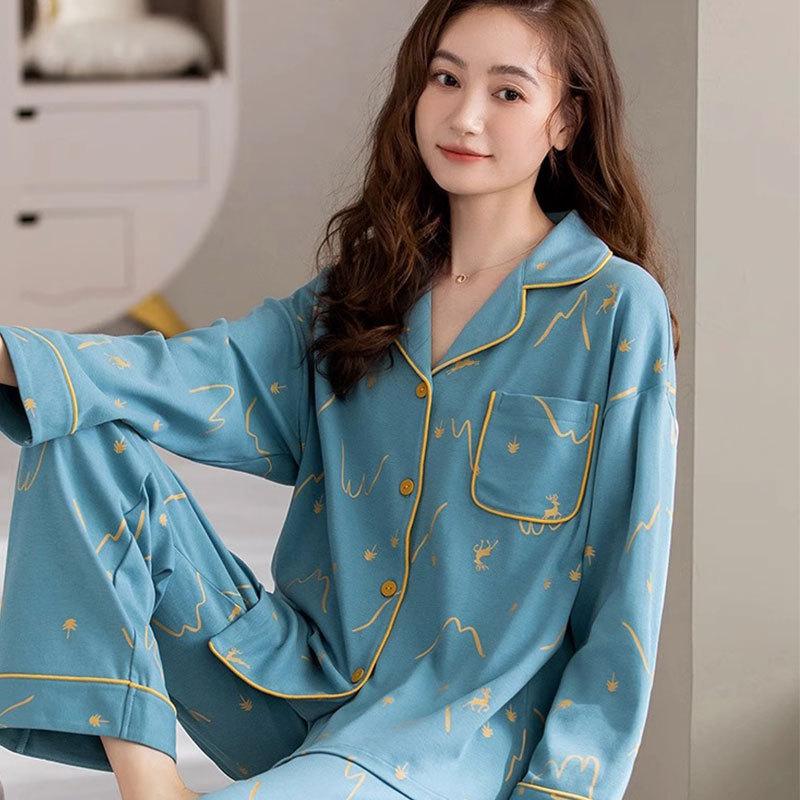 Spring and Autumn New High-end Imitation Cotton Pajamas Women's Summer Long-sleeved Trousers Set Women's Loose Large-size Loungewear