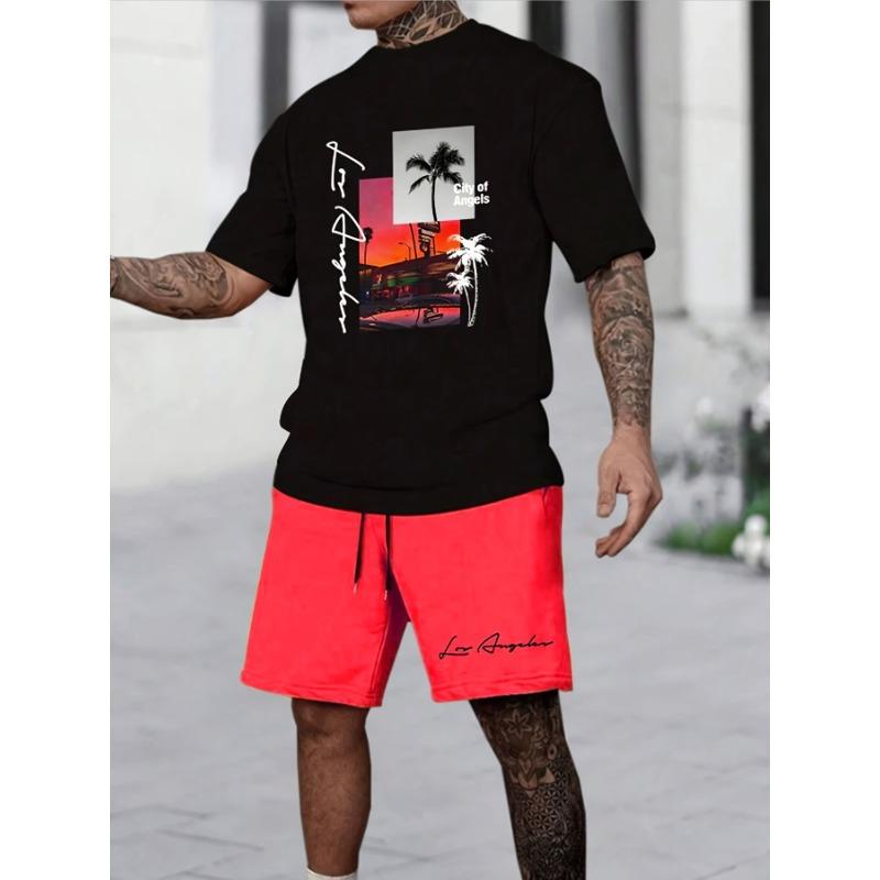 

Print Short Sleeve Casual Crew Neck T-Shirt and Shorts Pajama Set Men s Two Piece Suit Teen Summer Sportswear Set S