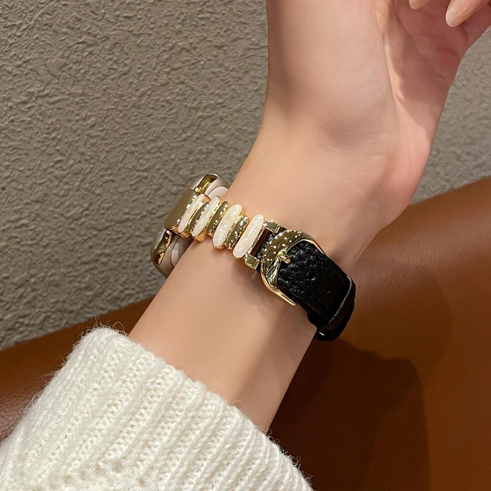 Women Luminous Moon White Beaded Lychee Grain Spliced Leather Slim Strap for Apple Watch Series12 11 10 SE1 2 3/Ultra4 3 2 38/42/44/45/49 mm