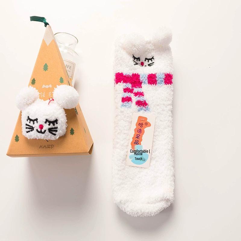 Japanese Christmas Cartoon Socks: Cozy Coral Fleece with 3D Embroidery for Women