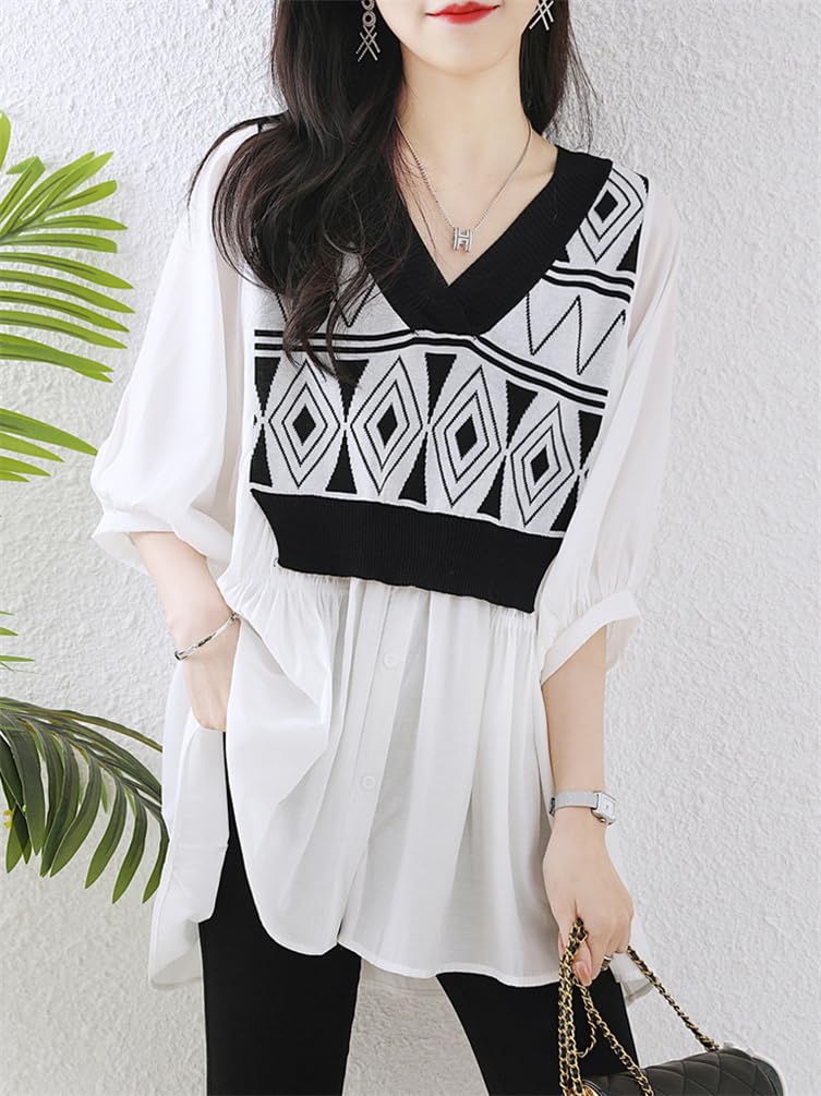 [ZHENGTU] Women's Blouse Top – V-Neck, 3/4 Sleeve, Layered Summer Shirt, White, Size XL