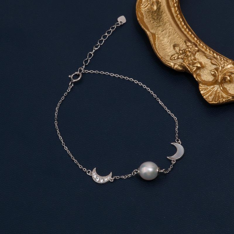 925 Sterling Silver Crescent Moon & Freshwater Pearl Bracelet - Women's New Spring Fashion Arrival