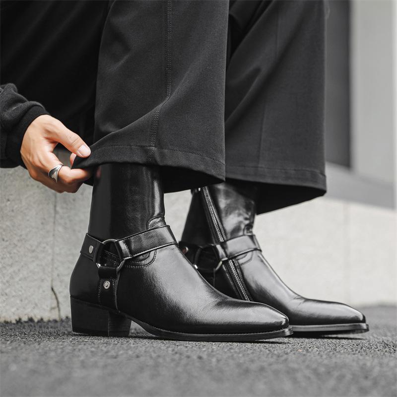 

2024 новые ботинки челси мужские с острым носком европейская и американская индивидуальность пряжка ботинки мартин мужские модная обувь 66650-J 38 чёрный