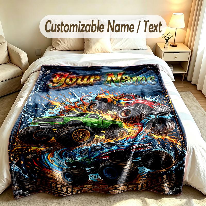 Coperta Personalizzata Tema Monster Truck Nome e Testo Personalizzati Morbida Calda Coperta da Divano Decorazione per la Casa