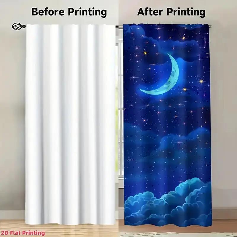 Stars Moon Print Curtains Suitable Bedroom Living Room Kitchen Decoration Home Window Curtain Set Of 2 Made Polyester Washable Area Ready