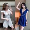 Early Spring New Women's Clothing Fashion Ruffle Edge Sleeves V-neck Irregular Pleated Thin Sexy Dress Short Skirt