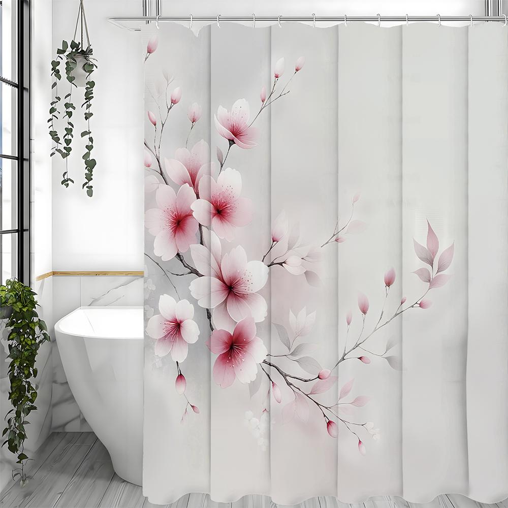 Peach Blossom Flower Shower Curtain, Bathroom Decorative Shower Curtain, Waterproof Shower Curtain with Hooks