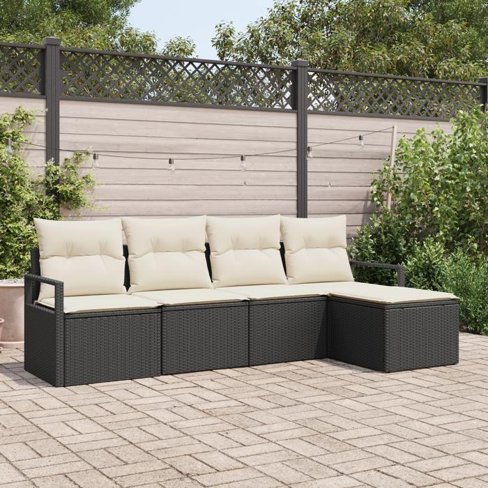 Ensemble de canapé de jardin 5 pièces avec coussins Noir Poly Rattan, Canapé de jardin 2 places avec rangement et coussins 3355006