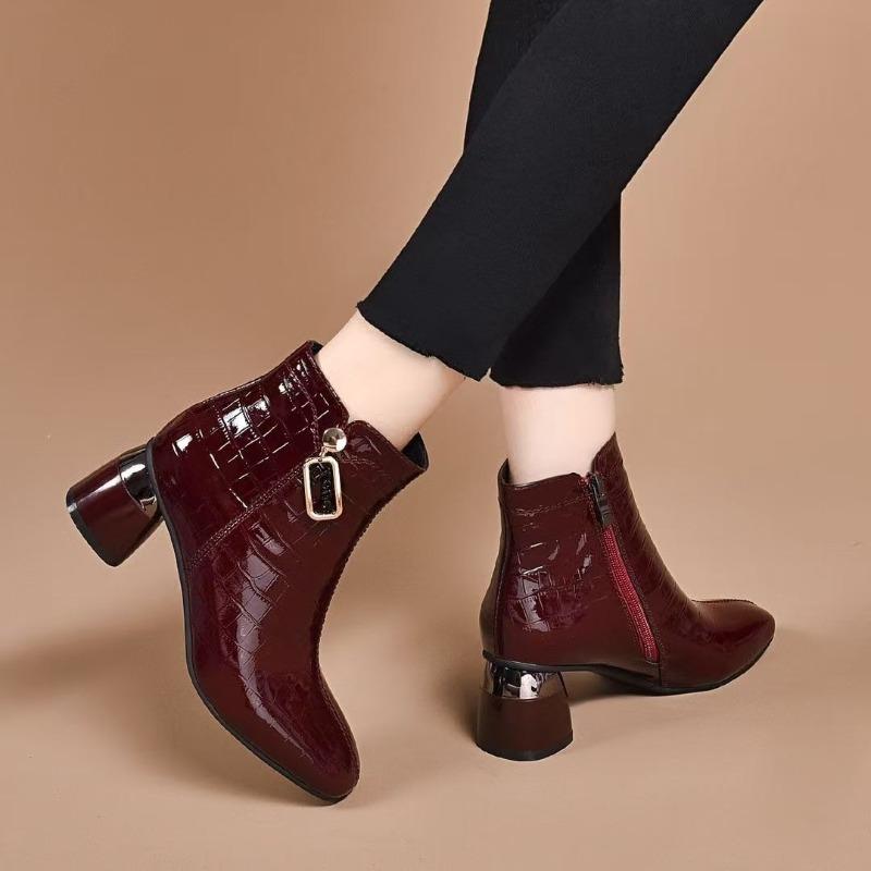 High-heeled Patent Leather Booties French Block Heel High-end Women's Mid-heel Boots