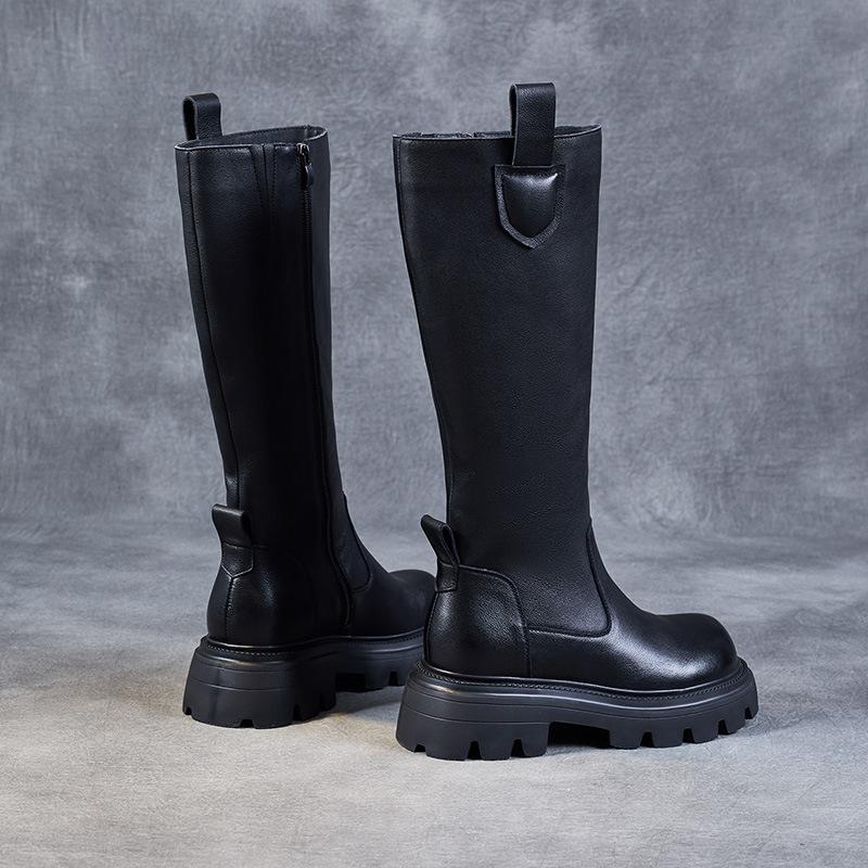 High boots thick-soled leather women's boots round head middle heel knight boots winter boots fashionable casual pure leather