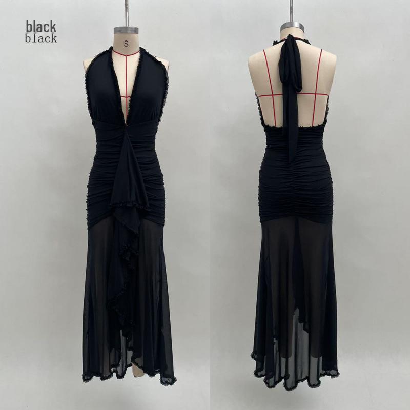 2026 European & American Mesh Patchwork Elegant V-Neck Halter Backless Hip-Hugging Maxi Dress