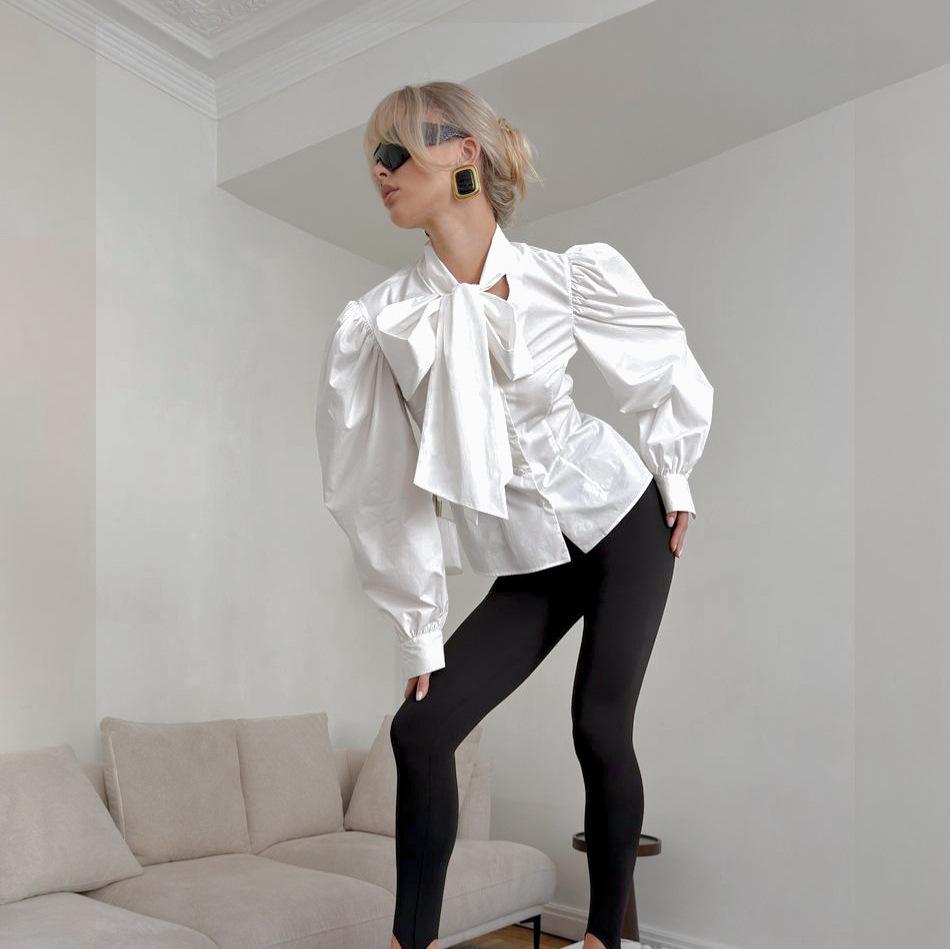 Court style French waist strap bow pure cotton white bubble sleeve shirt women's high-end long-sleeved top