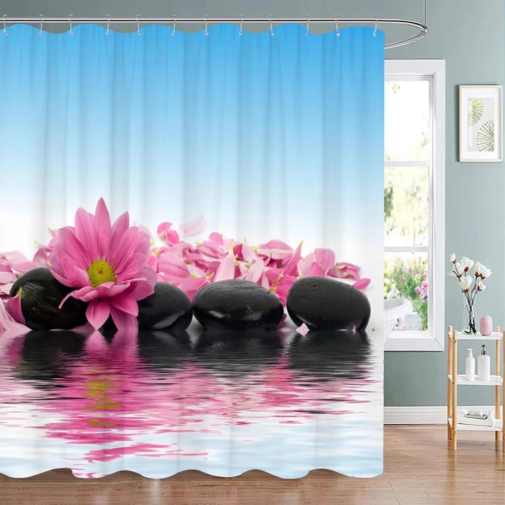 Tenda Doccia Zen Paesaggio di Loto Tenda Doccia Meditazione Pietre Zen Bambù Verde Fiore Pianta Tende Doccia Arredo Bagno