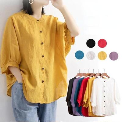 Dámska bavlneno-ľanová košeľa lampášové rukávy vintage umelecký top plus size voľná blúzka s polovičným rukávom