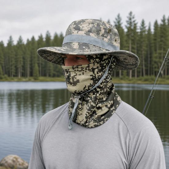 Camouflage Sonnenhut mit Sturmhaube Gesichtsmaske, UV-Schutz Herren Hut mit breiter Krempe, Atmungsaktiver Fischerhut für Outdoor Angeln Wandern Radfahren