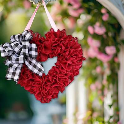 35cm Heart Wreath Valentines Day Wreaths for Front Door Burlap Heart Shaped Door Wreath with Plaid Bows Outdoor Home Wedding Swags Home Decor