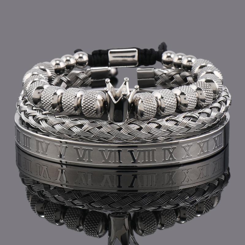 Set di Lusso Ciondoli Corona Bracciale Uomo Acciaio Inossidabile Romano Braccialetti Donna Gioielli per le Mani Regalo di San Valentino