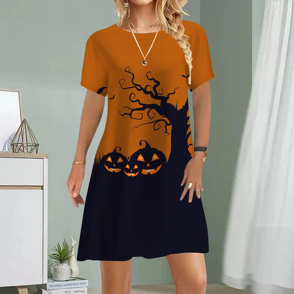 Damen-Freizeitkleid Sommerkleid mit Dämonen-Kürbis-Print, Rundhalsausschnitt, Kurzarmkleid, Übergröße