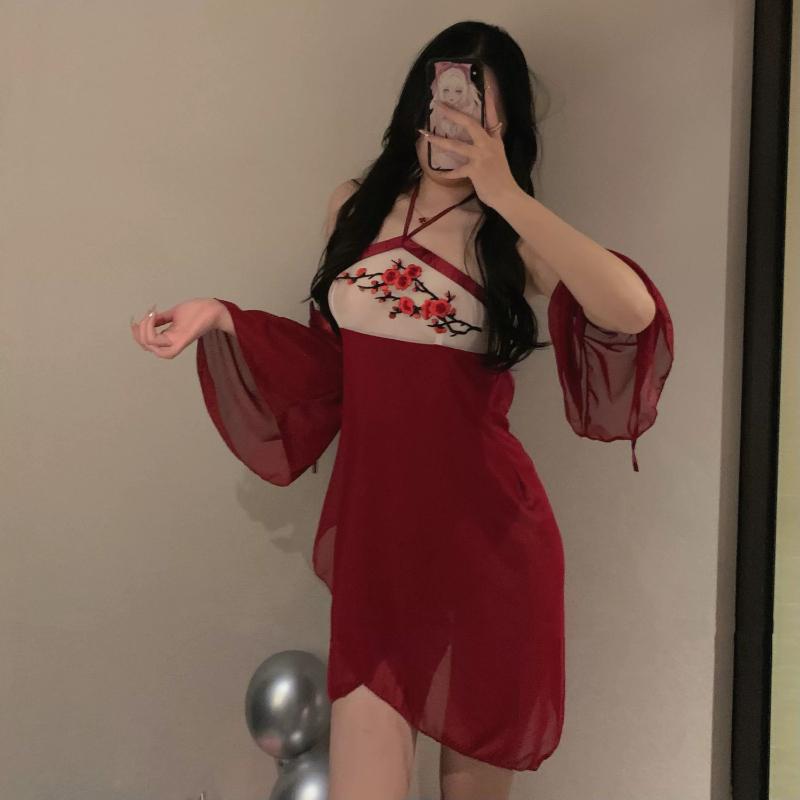 Sexy Chinese Bride Traditional Nightdress Lady Lingerie Chiffon See Through Embroidery Retro Hanfu Skirt Cosplay Classic Costume
