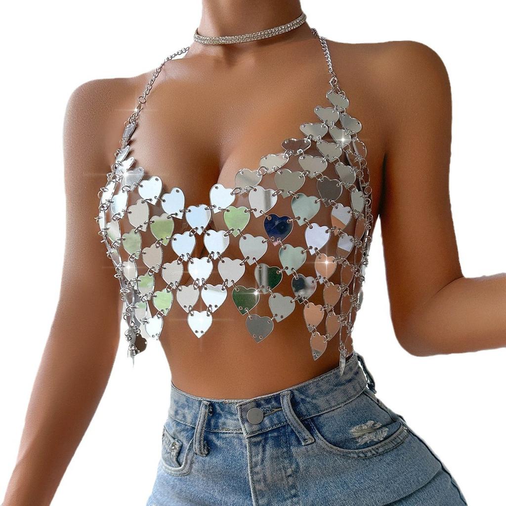 Heart Sequin Halter Neck Body Chain Crop Top