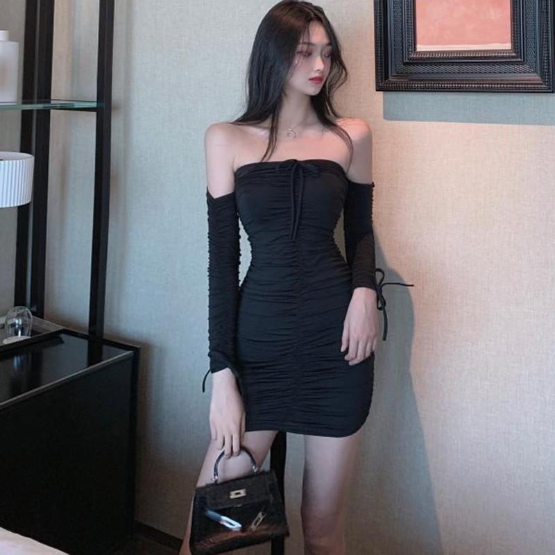 Solid Color Temperament Dress Lady Spring Summer Dresses Off-Shoulder Tube Top Slim Lace-up Dresses
