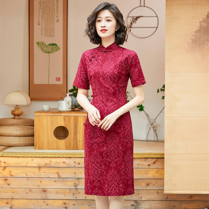 Chinese style women's clothing summer new red cotton and linen daily improvement cheongsam dress 11017