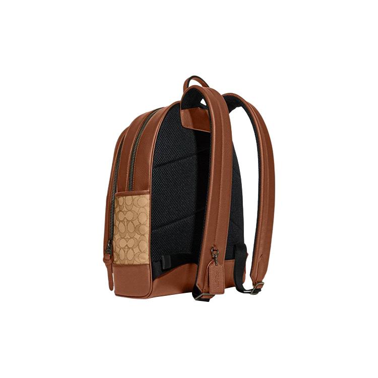 New COACH Thompson Iconic Jacquard With Refined Pebbled Leather Backpack Large Men's Light Khaki & Candy Orange C9365-QBUC5