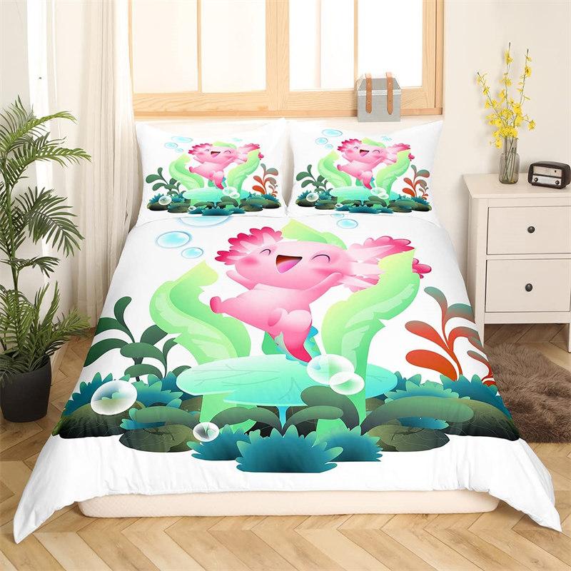 Kawaii Axolotl Bedding Set Queen For Girls Boys Teens Cute Cartoon Reptiles Animal Duvet Cover Galaxy Starry Sky Comforter Cover