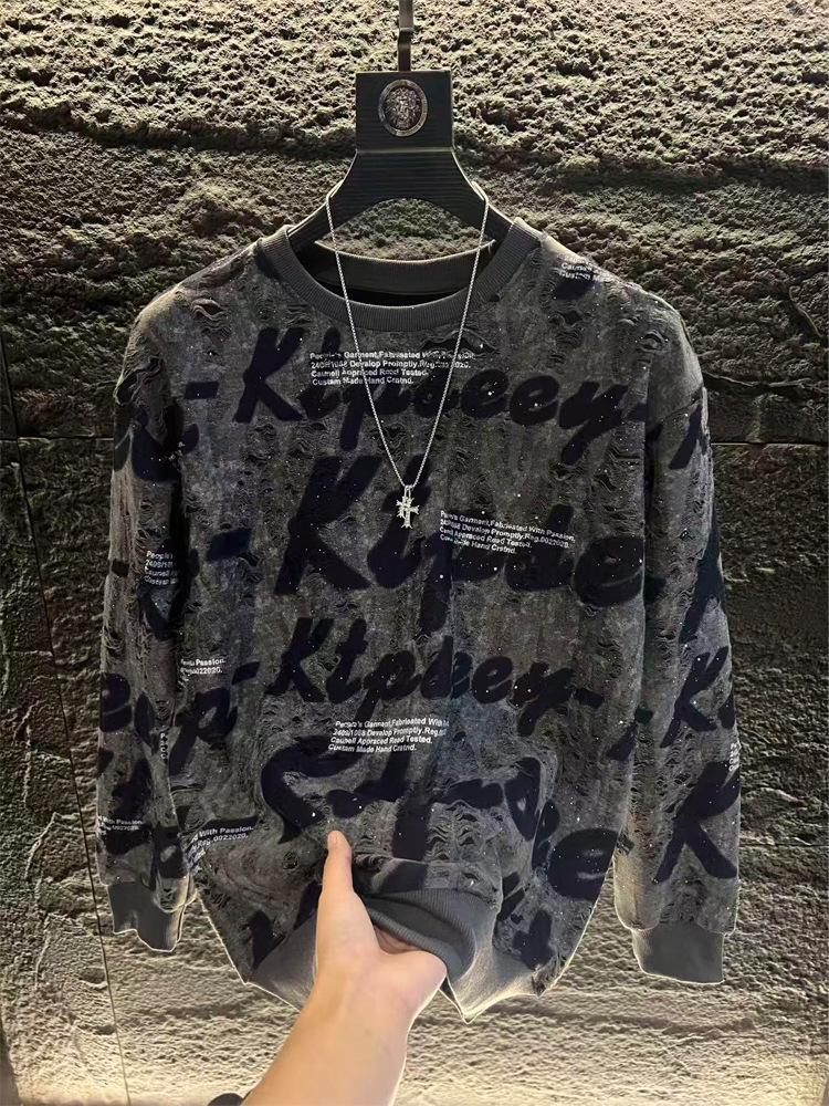 

2025 Men s Trendy Ripped Sequin Fleece-Lined Hoodie with Letter Print - High-End Customization for Autumn/Winter. 2XL
