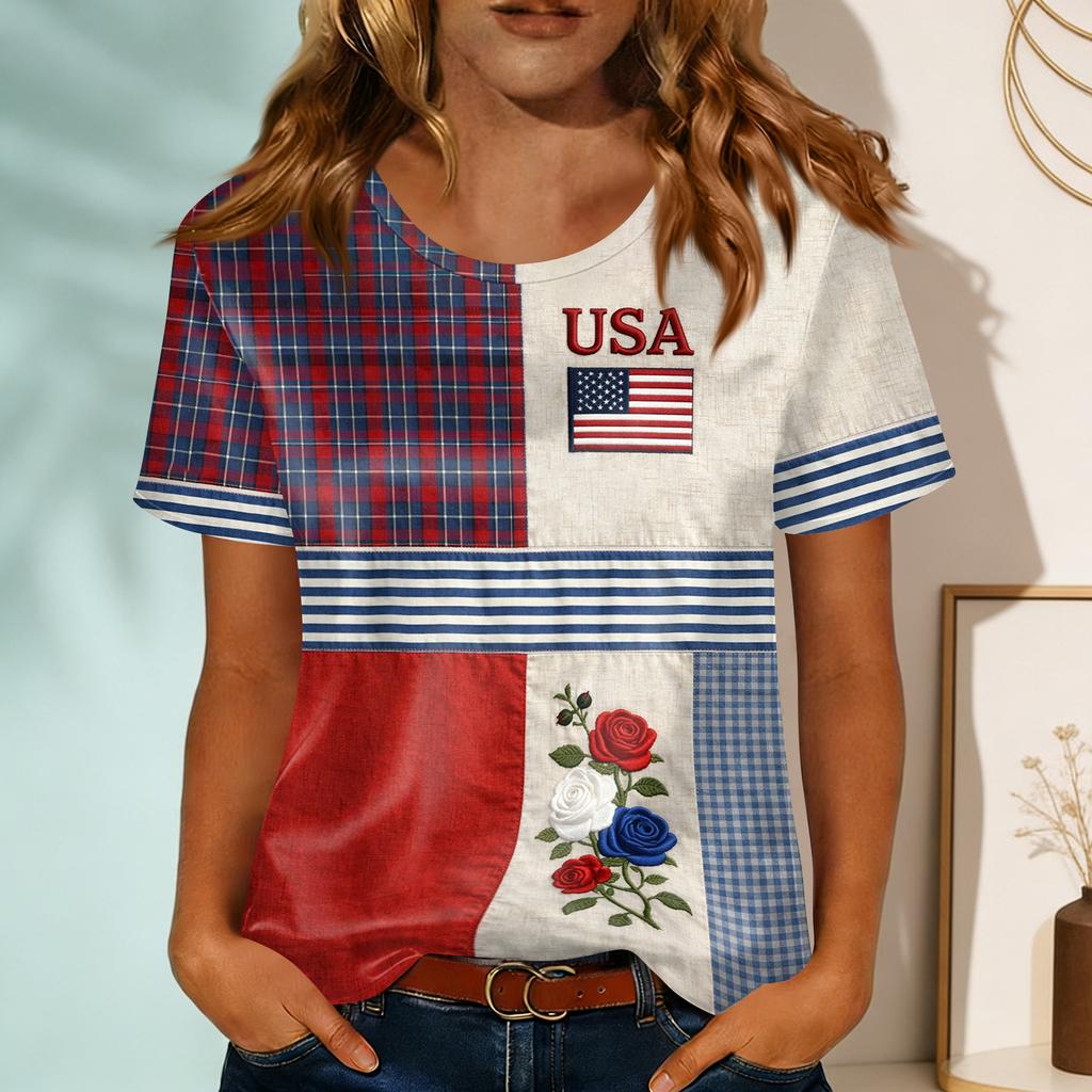 Women's Fashionable Casual Round-neck Printed Short-sleeved T-shirt Top