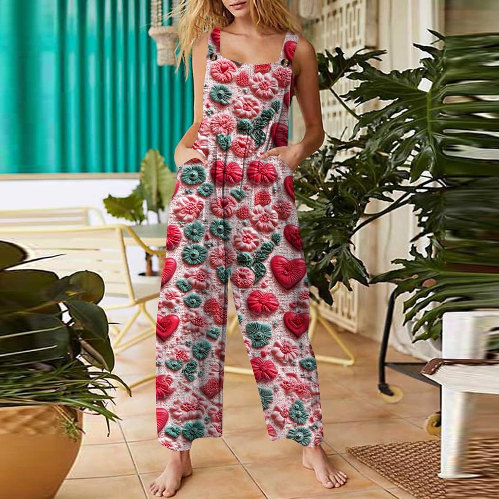 Women's Casual Jumpsuit Valentine's Day Heart Printed Cotton Jumpsuit